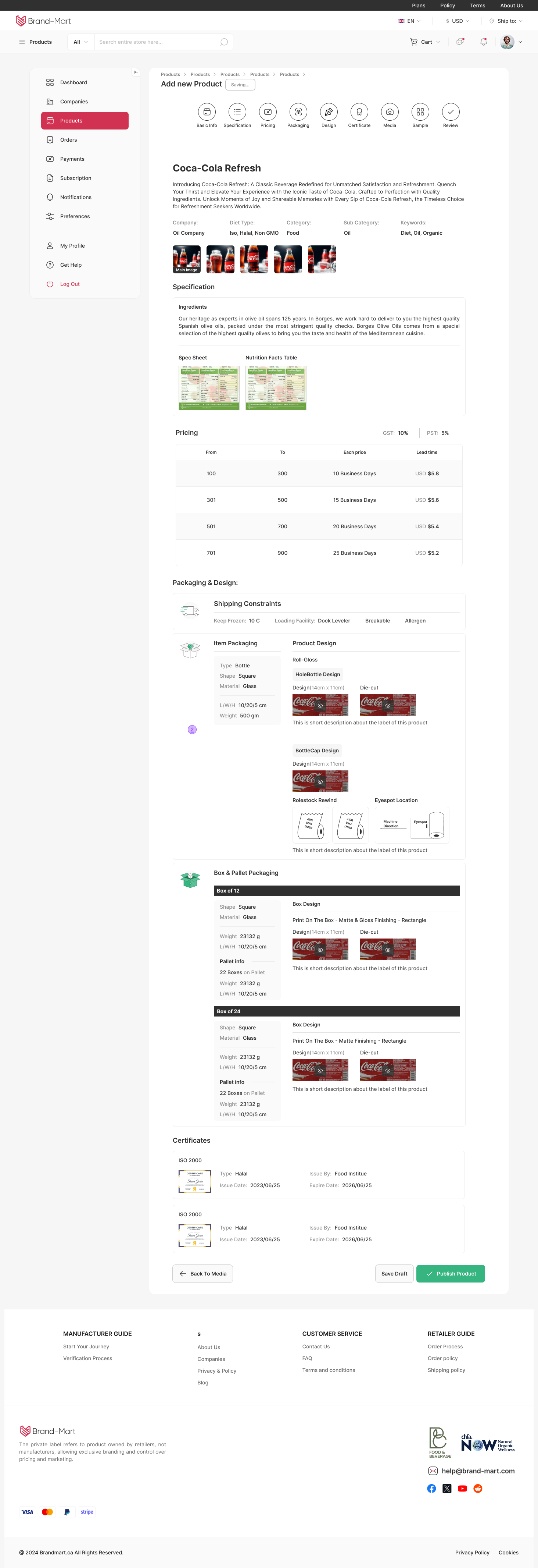 Brand-Mart Add Product — pricing, packaging and review steps