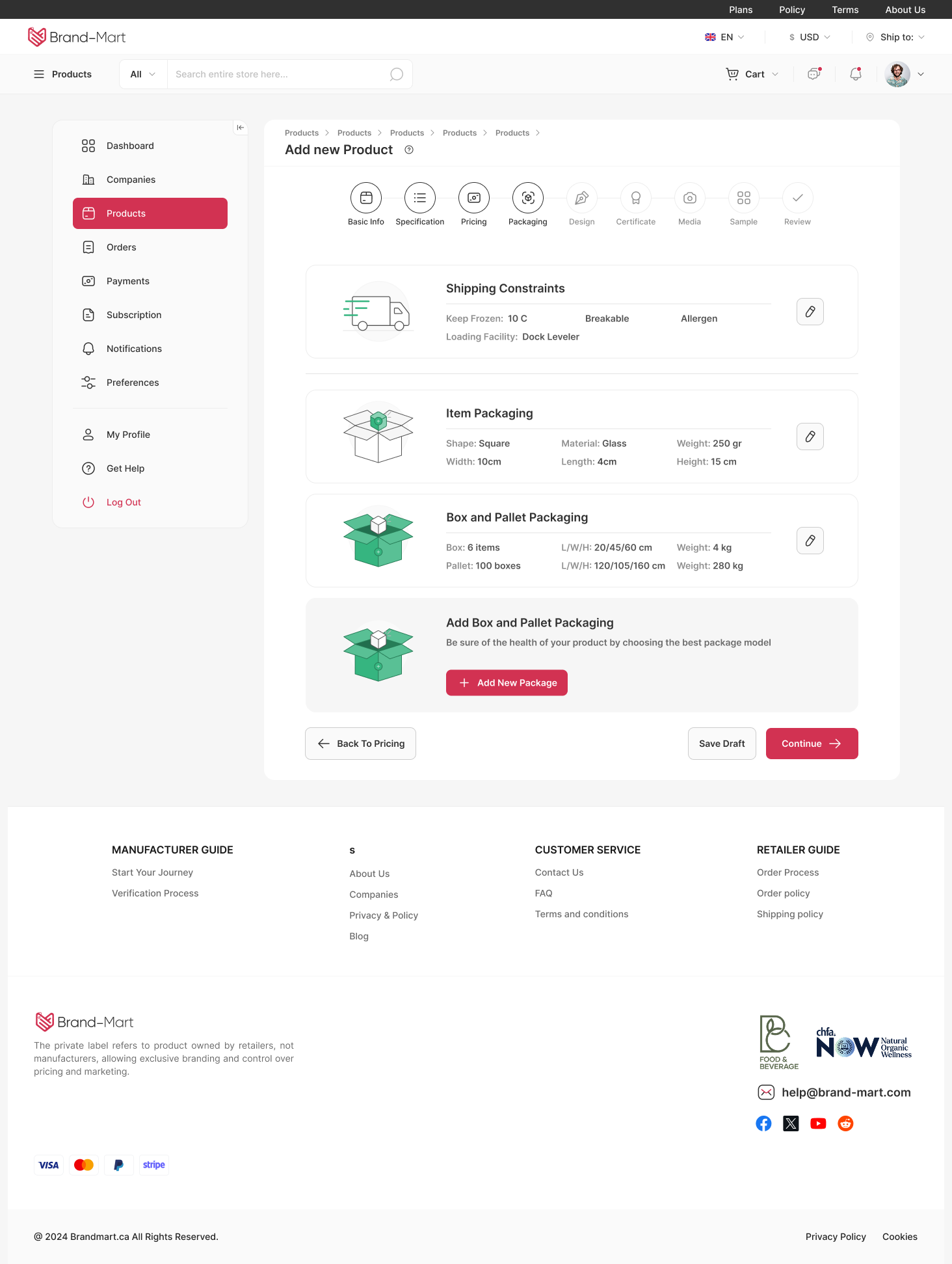 Brand-Mart Add Product — pricing, packaging and review steps