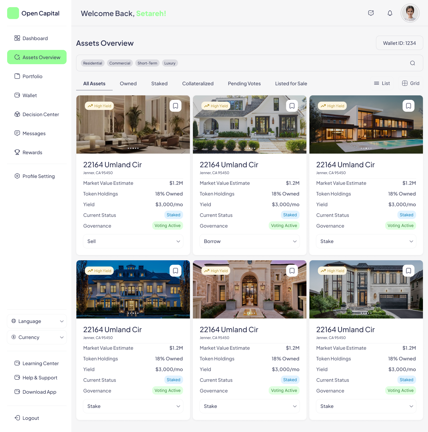 Open Estate Assets Overview — grid and list views