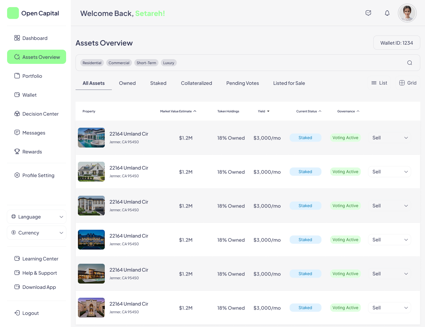 Open Estate Assets Overview — grid and list views