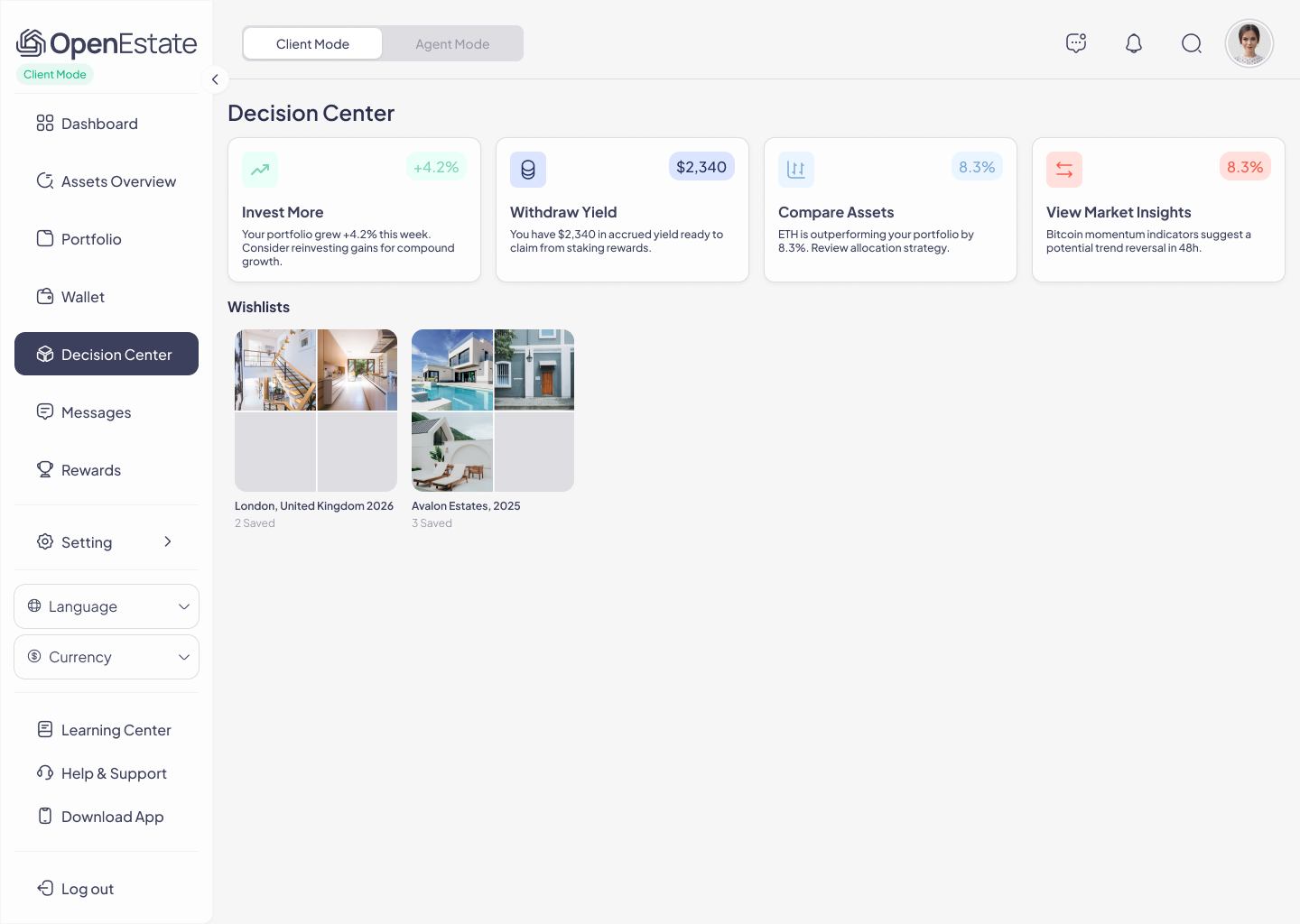 Open Estate Client Dashboard — wishlists and withdraw-yield modal