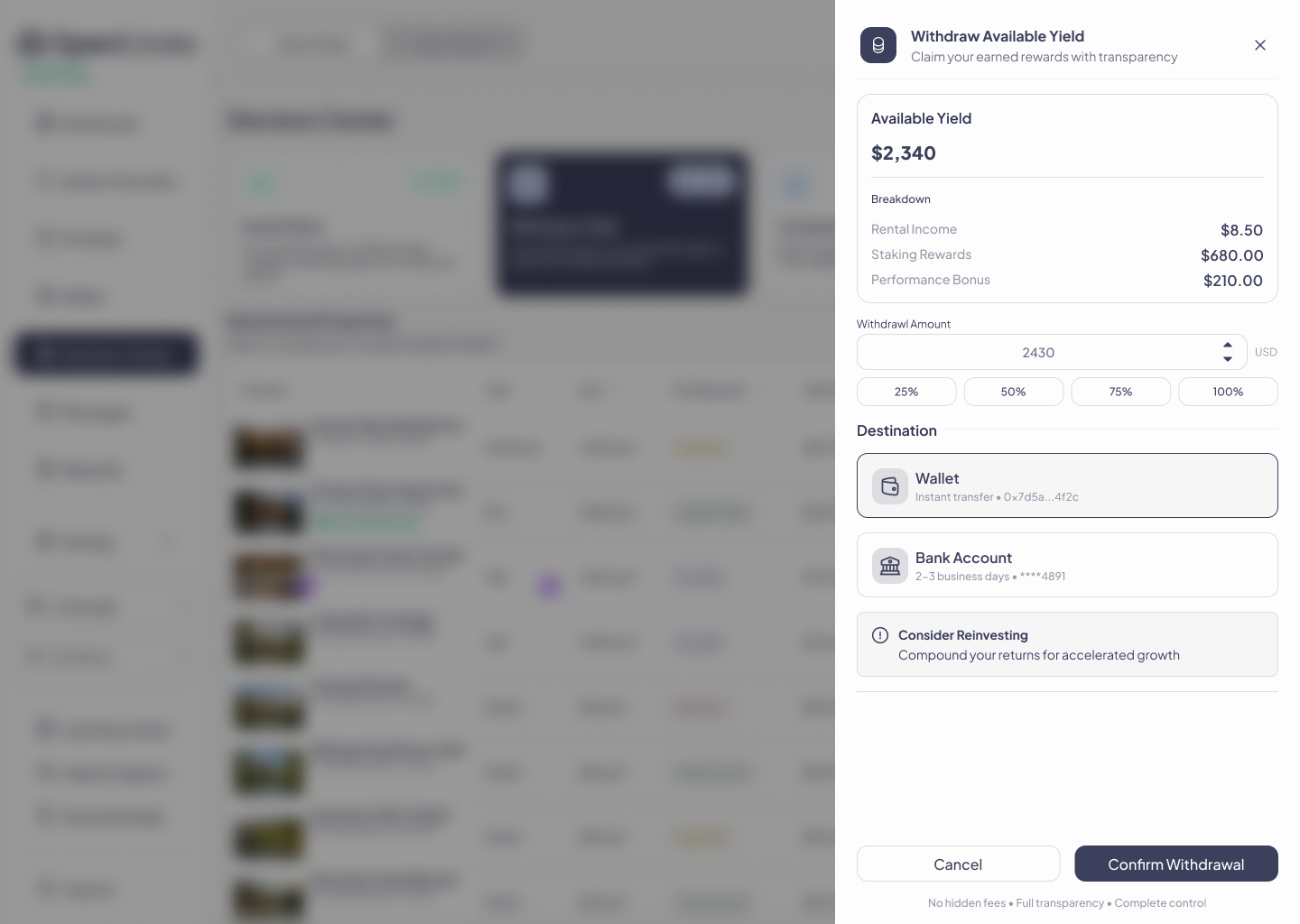 Open Estate Client Dashboard — wishlists and withdraw-yield modal
