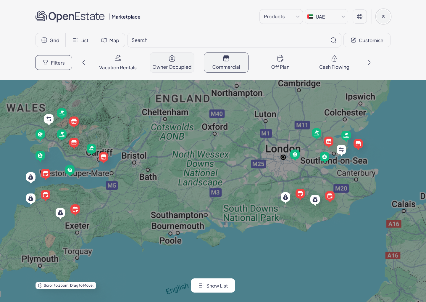 Open Estate Marketplace — list, map and filter views