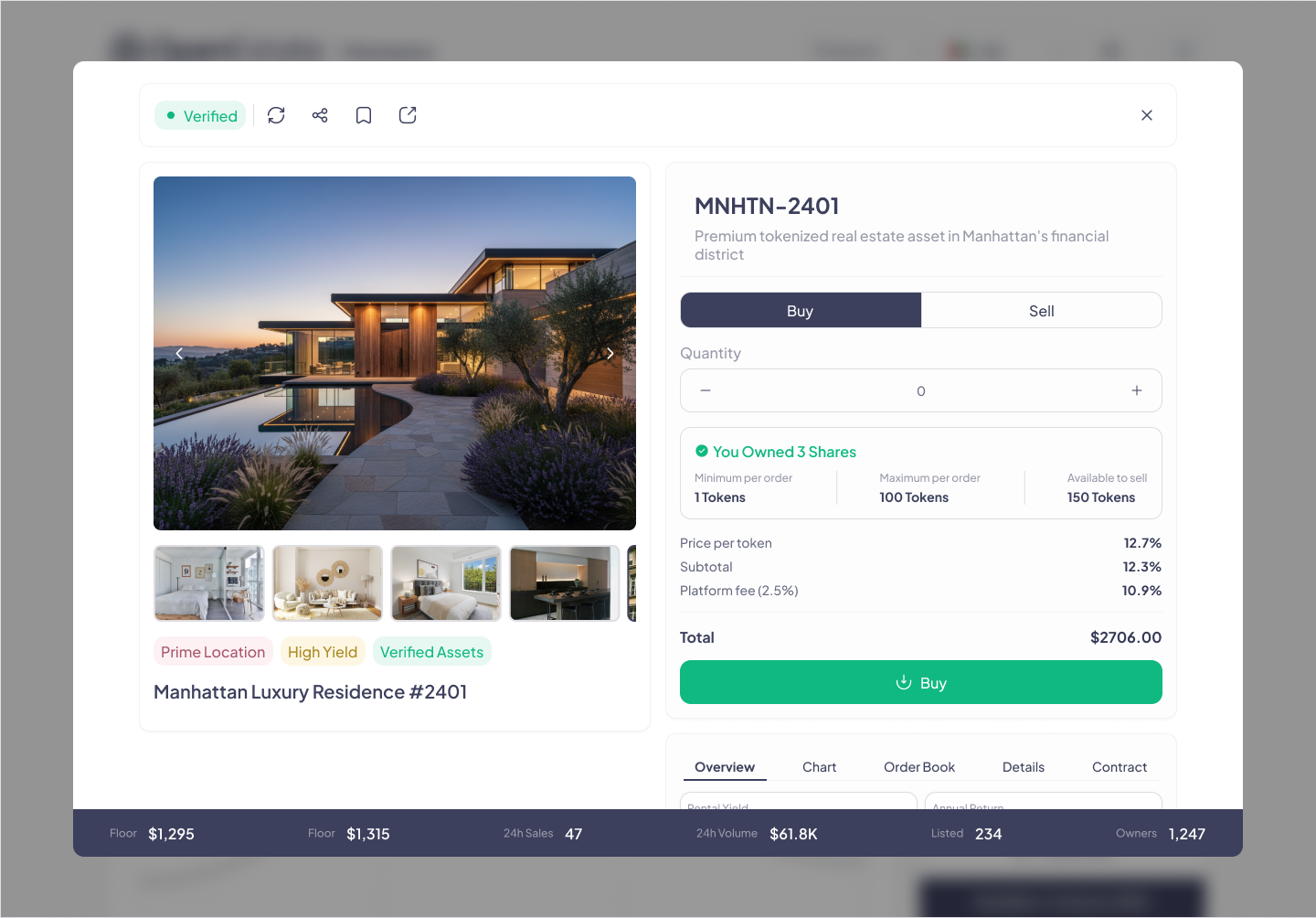 Open Estate Property Page — buy/sell modal and full property details